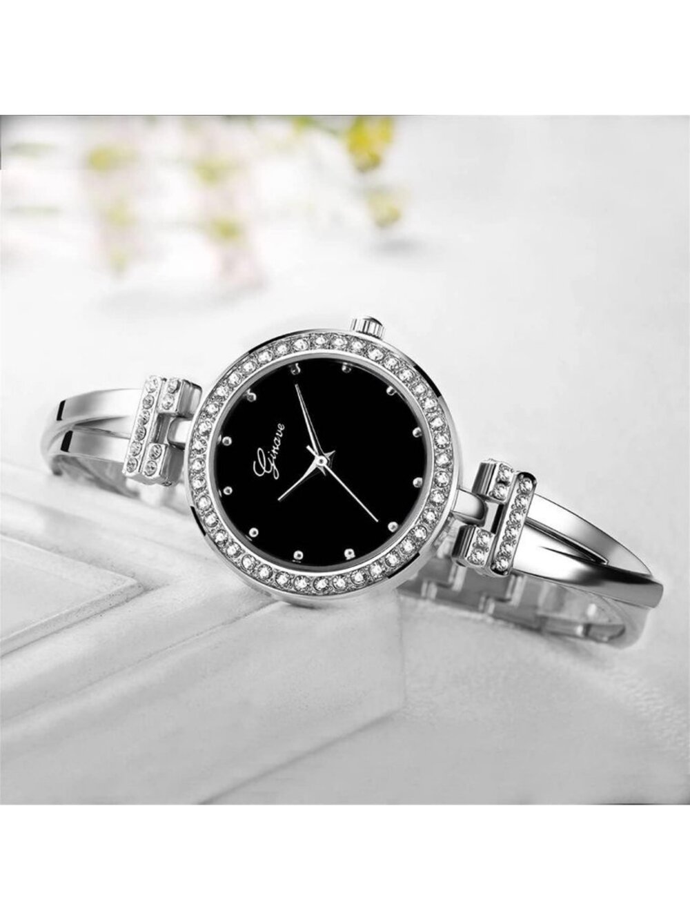 Women's Silver Analog Quartz Crystal Bangle Jewelry 4 Bracelets Set Wrist Watch - Picture 4 of 7